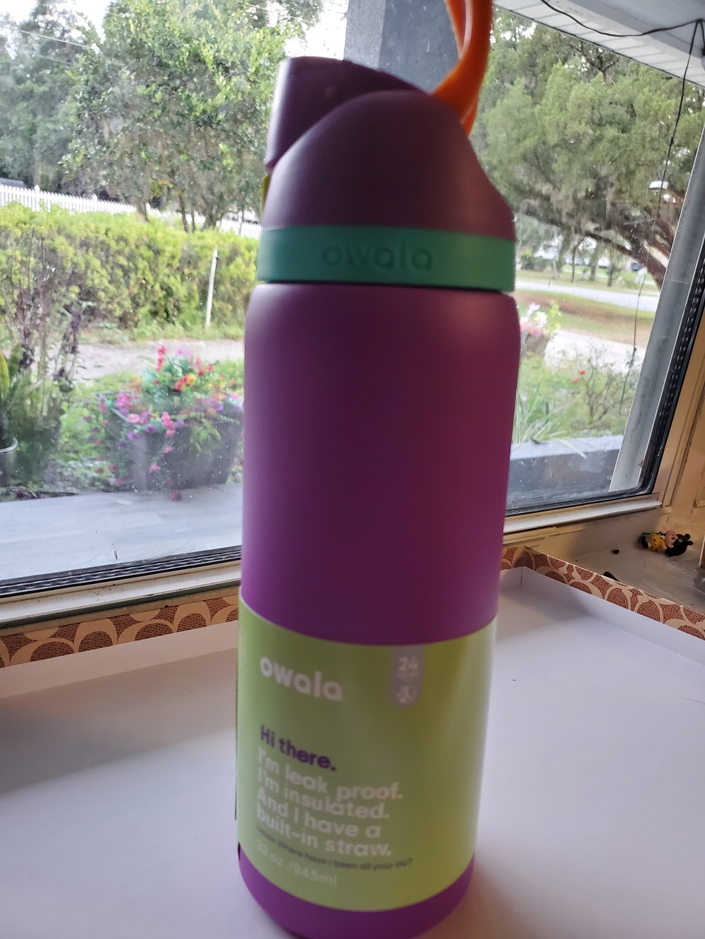 Purple Insulated Bottle with Orange Handle and Green Accent